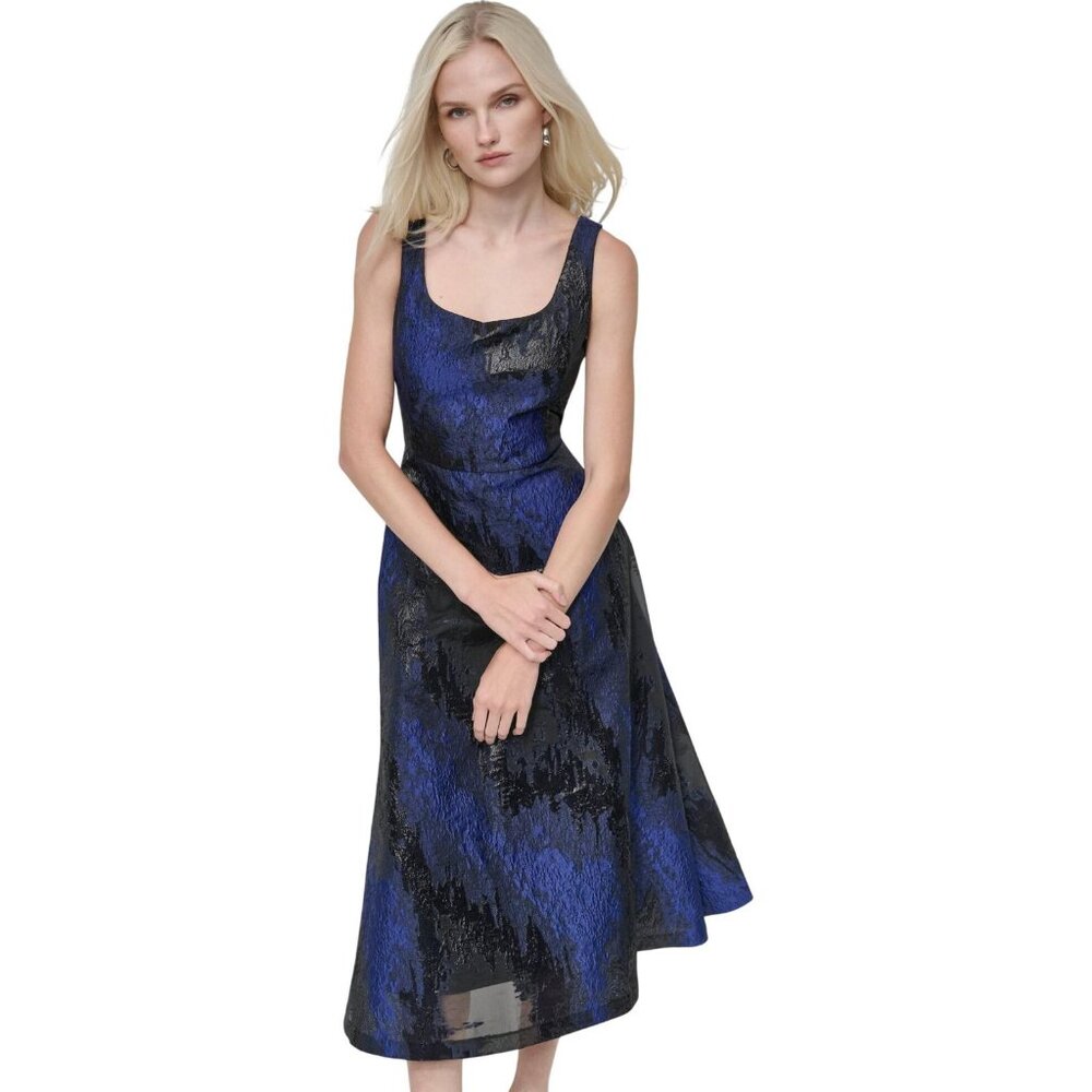 NWT DKNY Womens Metallic Jacquard Scoop-Neck Midi Dress Navy Blue 8 - Picture 3 of 13
